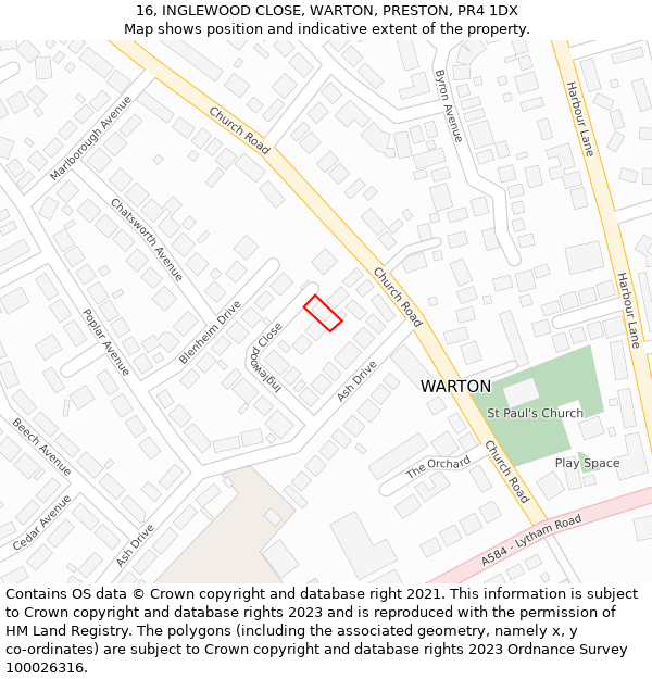 16, INGLEWOOD CLOSE, WARTON, PRESTON, PR4 1DX: Location map and indicative extent of plot