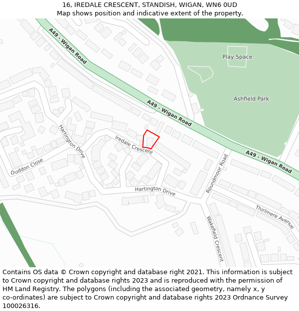 16, IREDALE CRESCENT, STANDISH, WIGAN, WN6 0UD: Location map and indicative extent of plot