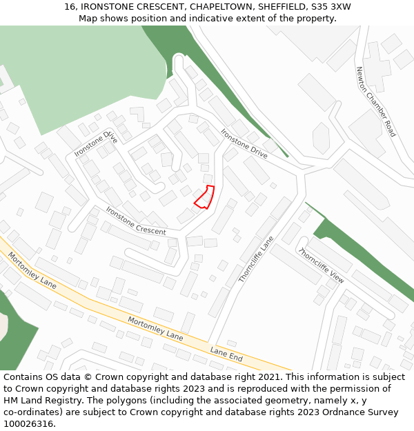 16, IRONSTONE CRESCENT, CHAPELTOWN, SHEFFIELD, S35 3XW: Location map and indicative extent of plot
