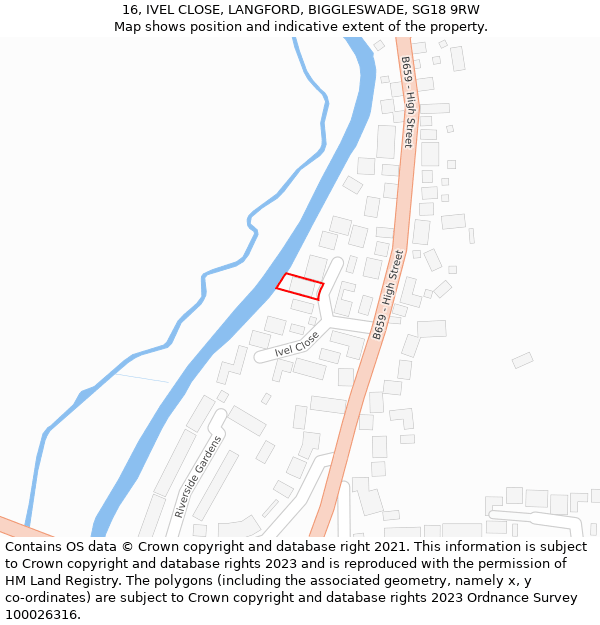 16, IVEL CLOSE, LANGFORD, BIGGLESWADE, SG18 9RW: Location map and indicative extent of plot