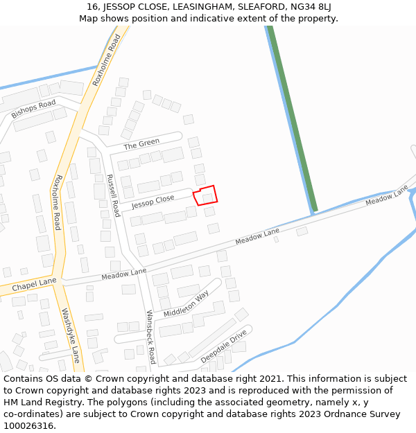 16, JESSOP CLOSE, LEASINGHAM, SLEAFORD, NG34 8LJ: Location map and indicative extent of plot