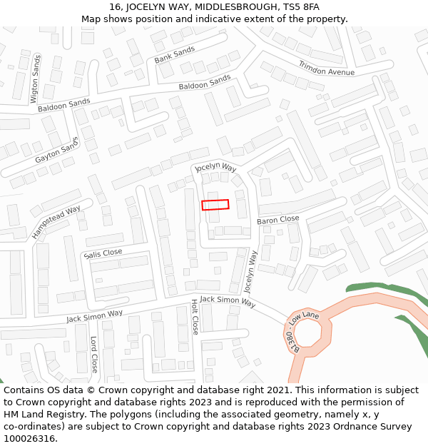 16, JOCELYN WAY, MIDDLESBROUGH, TS5 8FA: Location map and indicative extent of plot