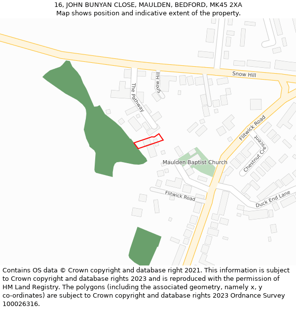 16, JOHN BUNYAN CLOSE, MAULDEN, BEDFORD, MK45 2XA: Location map and indicative extent of plot