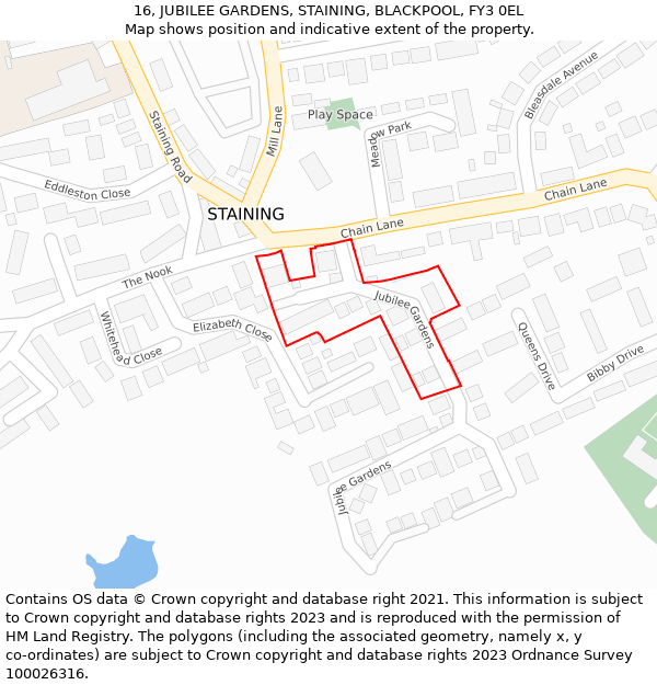 16, JUBILEE GARDENS, STAINING, BLACKPOOL, FY3 0EL: Location map and indicative extent of plot