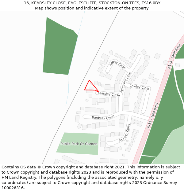 16, KEARSLEY CLOSE, EAGLESCLIFFE, STOCKTON-ON-TEES, TS16 0BY: Location map and indicative extent of plot