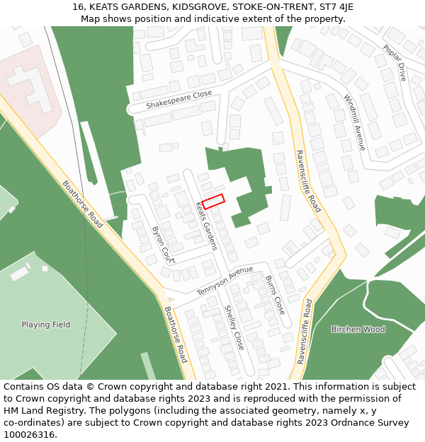 16, KEATS GARDENS, KIDSGROVE, STOKE-ON-TRENT, ST7 4JE: Location map and indicative extent of plot