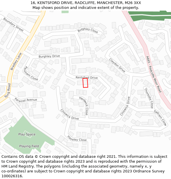 16, KENTSFORD DRIVE, RADCLIFFE, MANCHESTER, M26 3XX: Location map and indicative extent of plot