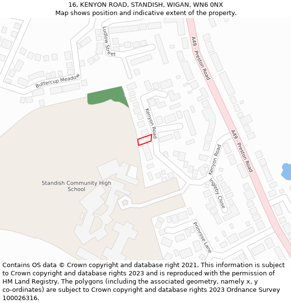 16, KENYON ROAD, STANDISH, WIGAN, WN6 0NX: Location map and indicative extent of plot