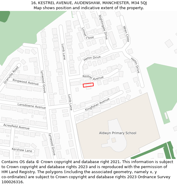 16, KESTREL AVENUE, AUDENSHAW, MANCHESTER, M34 5QJ: Location map and indicative extent of plot