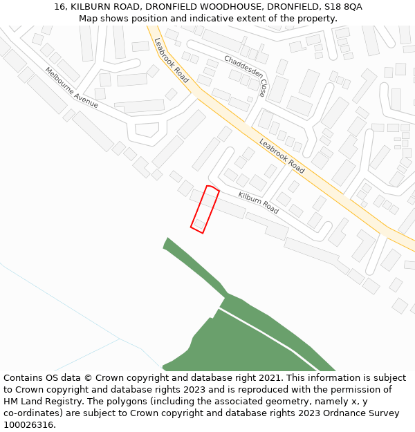 16, KILBURN ROAD, DRONFIELD WOODHOUSE, DRONFIELD, S18 8QA: Location map and indicative extent of plot