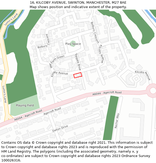 16, KILCOBY AVENUE, SWINTON, MANCHESTER, M27 8AE: Location map and indicative extent of plot