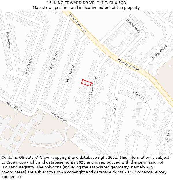 16, KING EDWARD DRIVE, FLINT, CH6 5QD: Location map and indicative extent of plot