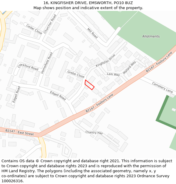 16, KINGFISHER DRIVE, EMSWORTH, PO10 8UZ: Location map and indicative extent of plot