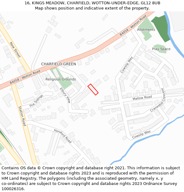 16, KINGS MEADOW, CHARFIELD, WOTTON-UNDER-EDGE, GL12 8UB: Location map and indicative extent of plot