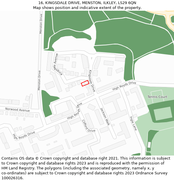 16, KINGSDALE DRIVE, MENSTON, ILKLEY, LS29 6QN: Location map and indicative extent of plot