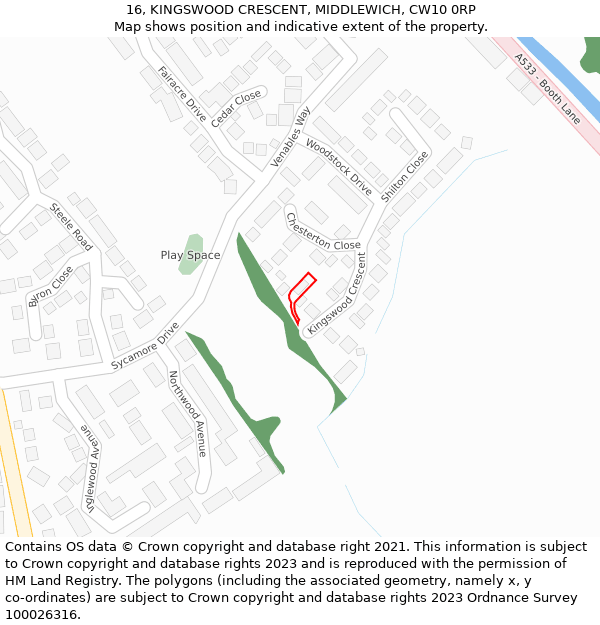 16, KINGSWOOD CRESCENT, MIDDLEWICH, CW10 0RP: Location map and indicative extent of plot