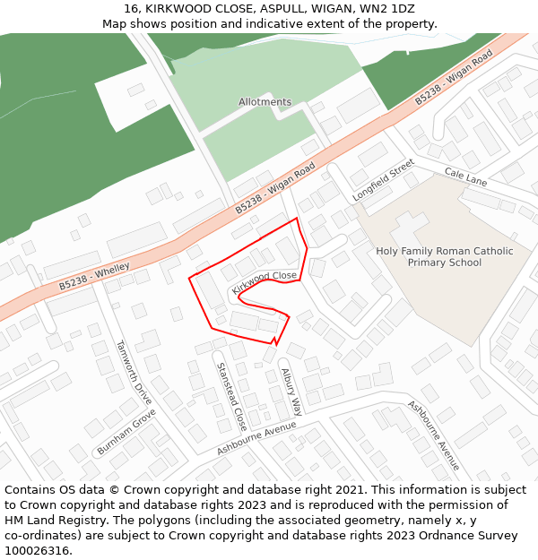 16, KIRKWOOD CLOSE, ASPULL, WIGAN, WN2 1DZ: Location map and indicative extent of plot