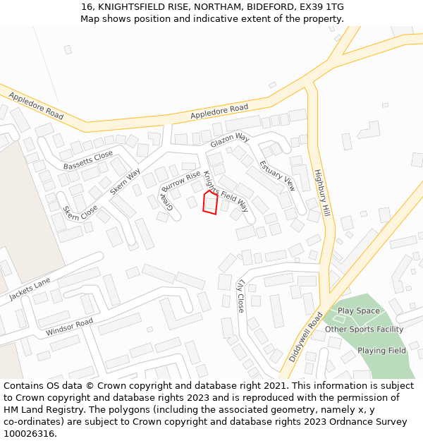 16, KNIGHTSFIELD RISE, NORTHAM, BIDEFORD, EX39 1TG: Location map and indicative extent of plot