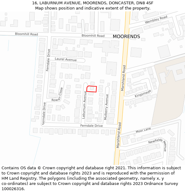 16, LABURNUM AVENUE, MOORENDS, DONCASTER, DN8 4SF: Location map and indicative extent of plot