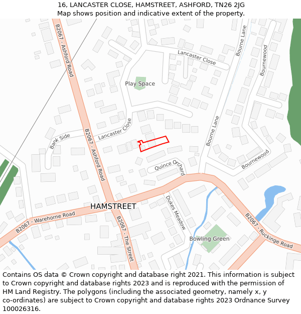 16, LANCASTER CLOSE, HAMSTREET, ASHFORD, TN26 2JG: Location map and indicative extent of plot