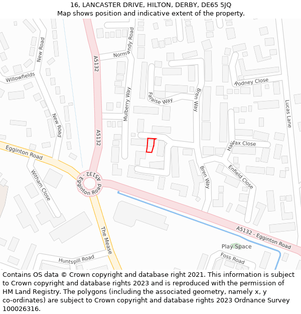 16, LANCASTER DRIVE, HILTON, DERBY, DE65 5JQ: Location map and indicative extent of plot