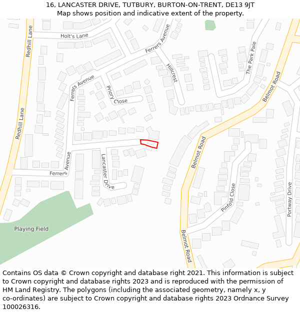 16, LANCASTER DRIVE, TUTBURY, BURTON-ON-TRENT, DE13 9JT: Location map and indicative extent of plot