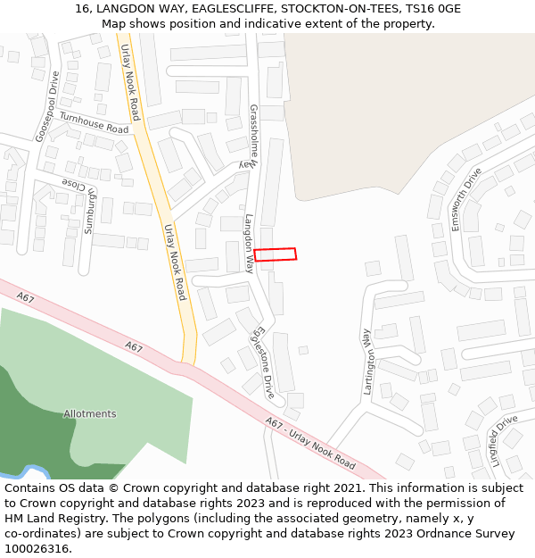 16, LANGDON WAY, EAGLESCLIFFE, STOCKTON-ON-TEES, TS16 0GE: Location map and indicative extent of plot