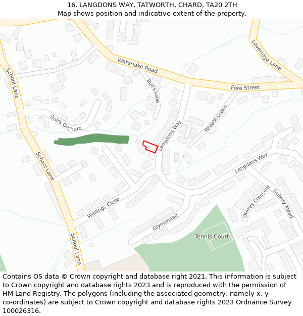 16, LANGDONS WAY, TATWORTH, CHARD, TA20 2TH: Location map and indicative extent of plot