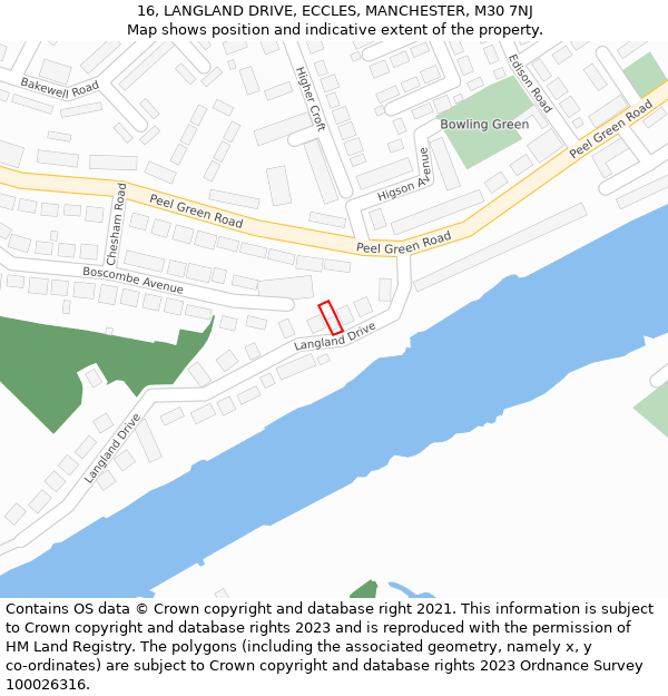 16, LANGLAND DRIVE, ECCLES, MANCHESTER, M30 7NJ: Location map and indicative extent of plot