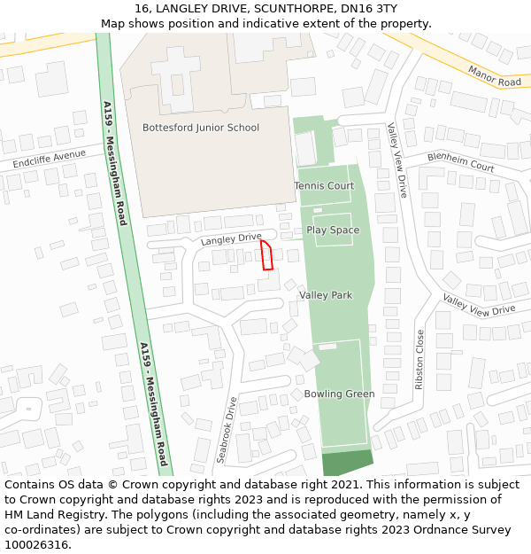 16, LANGLEY DRIVE, SCUNTHORPE, DN16 3TY: Location map and indicative extent of plot