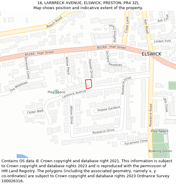 16, LARBRECK AVENUE, ELSWICK, PRESTON, PR4 3ZL: Location map and indicative extent of plot