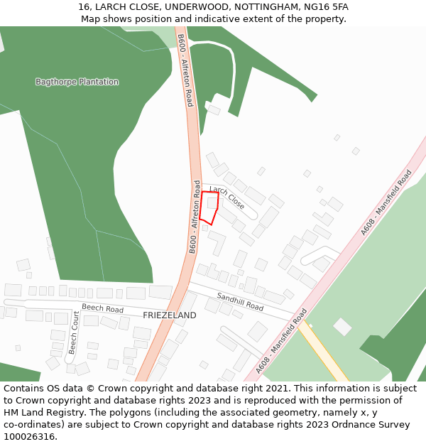 16, LARCH CLOSE, UNDERWOOD, NOTTINGHAM, NG16 5FA: Location map and indicative extent of plot