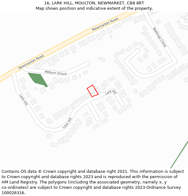 16, LARK HILL, MOULTON, NEWMARKET, CB8 8RT: Location map and indicative extent of plot