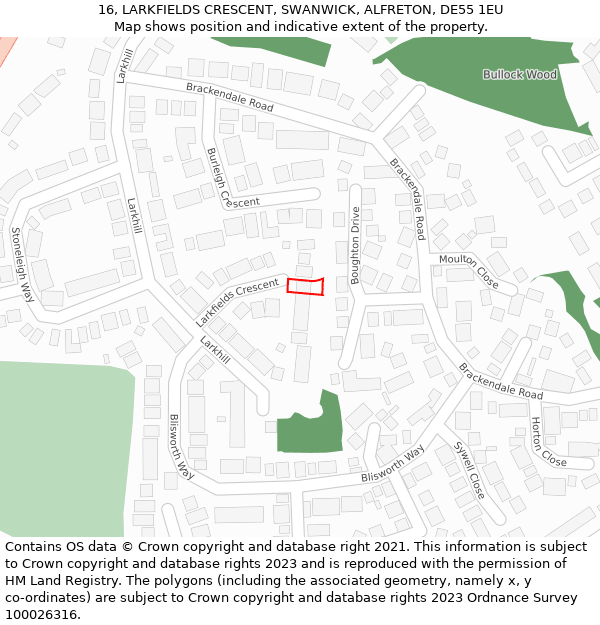 16, LARKFIELDS CRESCENT, SWANWICK, ALFRETON, DE55 1EU: Location map and indicative extent of plot