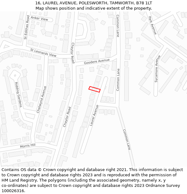 16, LAUREL AVENUE, POLESWORTH, TAMWORTH, B78 1LT: Location map and indicative extent of plot