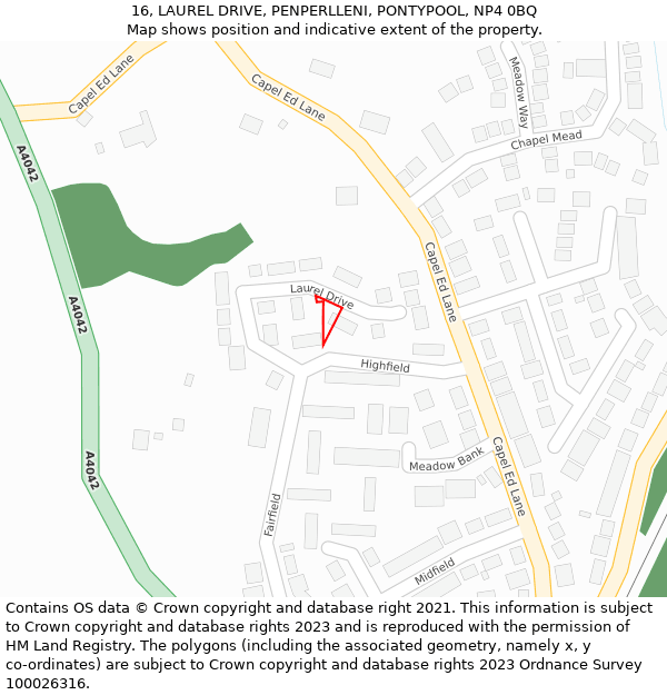 16, LAUREL DRIVE, PENPERLLENI, PONTYPOOL, NP4 0BQ: Location map and indicative extent of plot