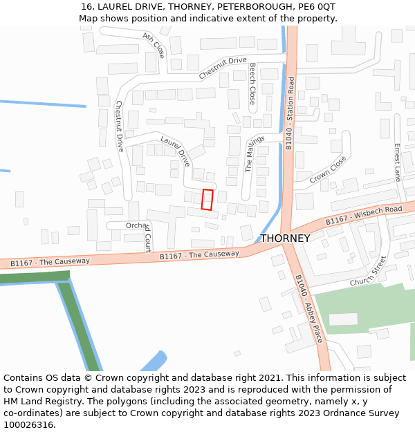 16, LAUREL DRIVE, THORNEY, PETERBOROUGH, PE6 0QT: Location map and indicative extent of plot