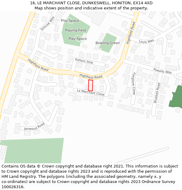 16, LE MARCHANT CLOSE, DUNKESWELL, HONITON, EX14 4XD: Location map and indicative extent of plot