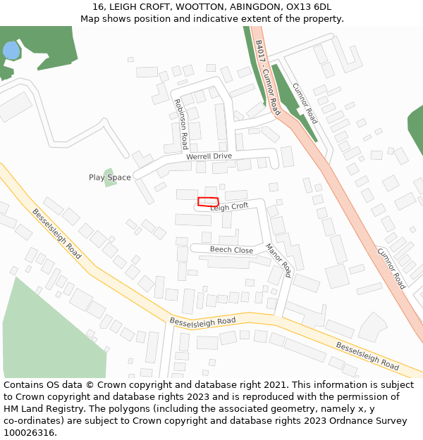 16, LEIGH CROFT, WOOTTON, ABINGDON, OX13 6DL: Location map and indicative extent of plot