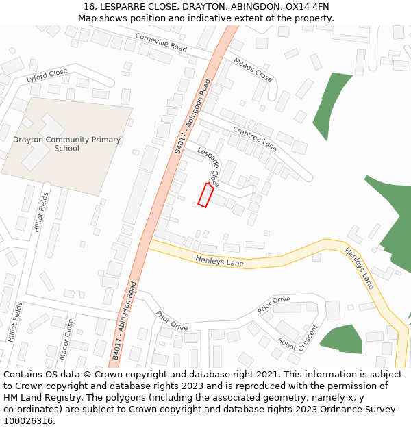 16, LESPARRE CLOSE, DRAYTON, ABINGDON, OX14 4FN: Location map and indicative extent of plot