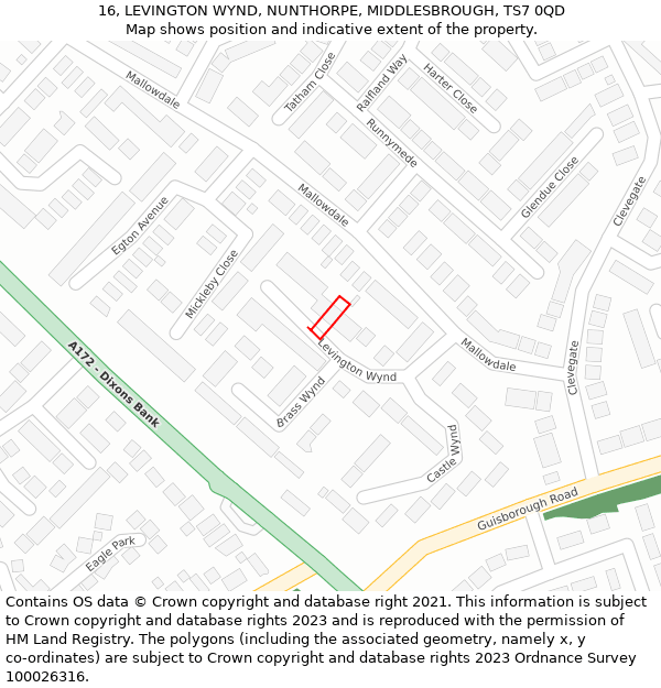 16, LEVINGTON WYND, NUNTHORPE, MIDDLESBROUGH, TS7 0QD: Location map and indicative extent of plot