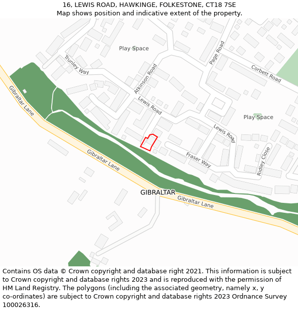 16, LEWIS ROAD, HAWKINGE, FOLKESTONE, CT18 7SE: Location map and indicative extent of plot