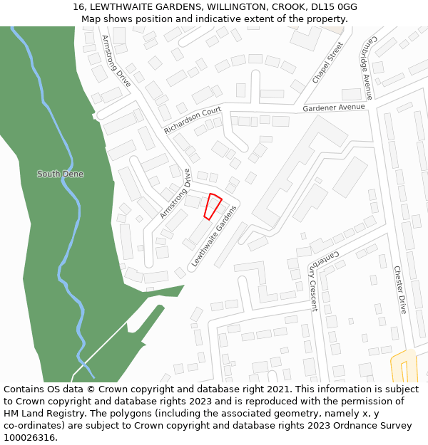 16, LEWTHWAITE GARDENS, WILLINGTON, CROOK, DL15 0GG: Location map and indicative extent of plot