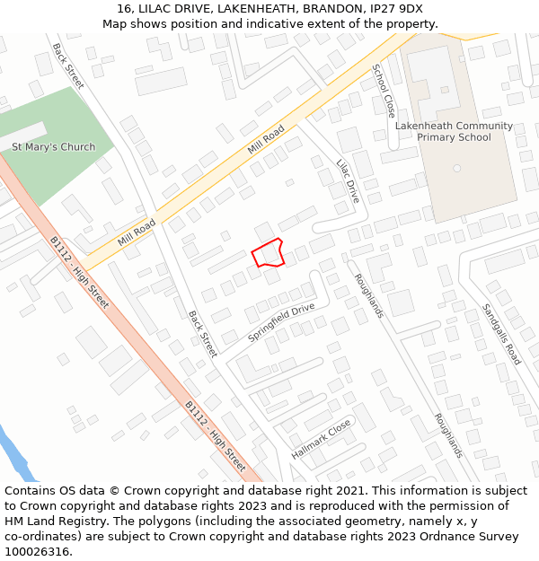 16, LILAC DRIVE, LAKENHEATH, BRANDON, IP27 9DX: Location map and indicative extent of plot