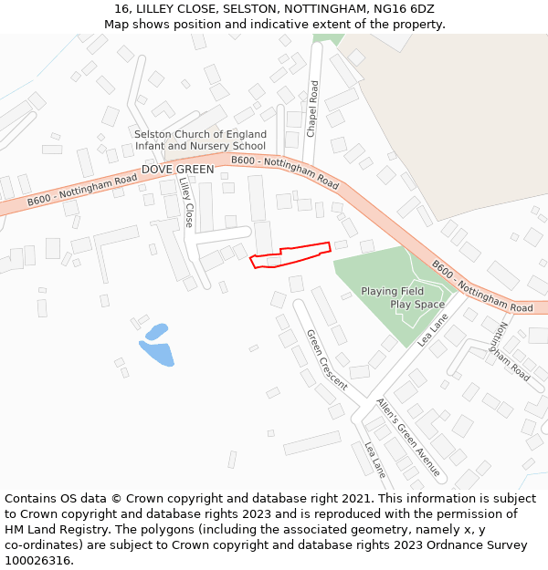 16, LILLEY CLOSE, SELSTON, NOTTINGHAM, NG16 6DZ: Location map and indicative extent of plot