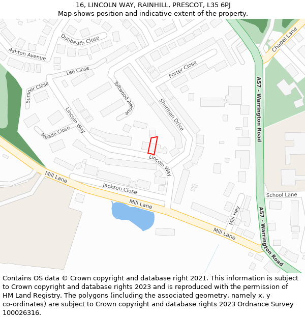 16, LINCOLN WAY, RAINHILL, PRESCOT, L35 6PJ: Location map and indicative extent of plot