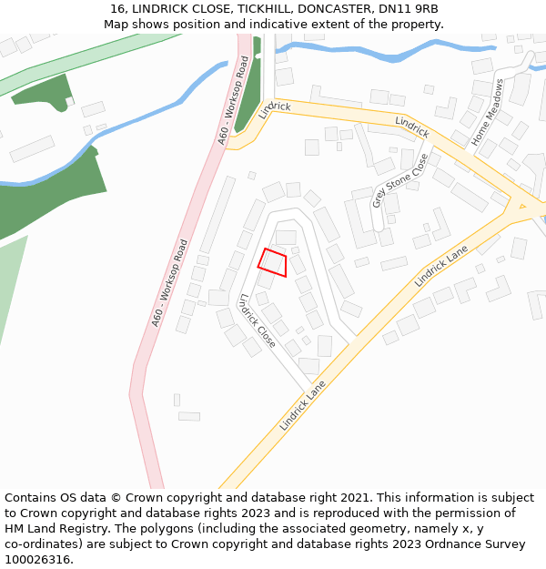 16, LINDRICK CLOSE, TICKHILL, DONCASTER, DN11 9RB: Location map and indicative extent of plot