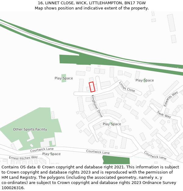 16, LINNET CLOSE, WICK, LITTLEHAMPTON, BN17 7GW: Location map and indicative extent of plot