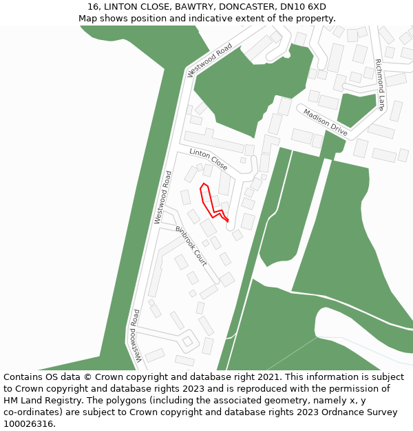 16, LINTON CLOSE, BAWTRY, DONCASTER, DN10 6XD: Location map and indicative extent of plot