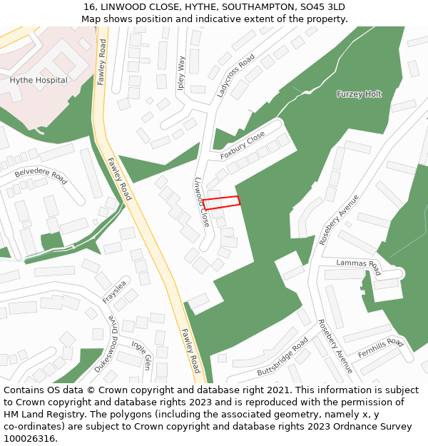 16, LINWOOD CLOSE, HYTHE, SOUTHAMPTON, SO45 3LD: Location map and indicative extent of plot